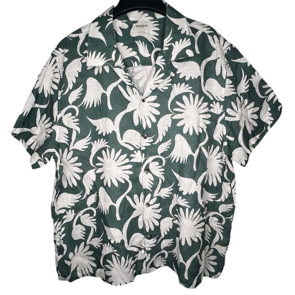 BONOBOS Resort Riviera Floral Green/White Linen Short Sleeve Men’s Shirt Sz XL